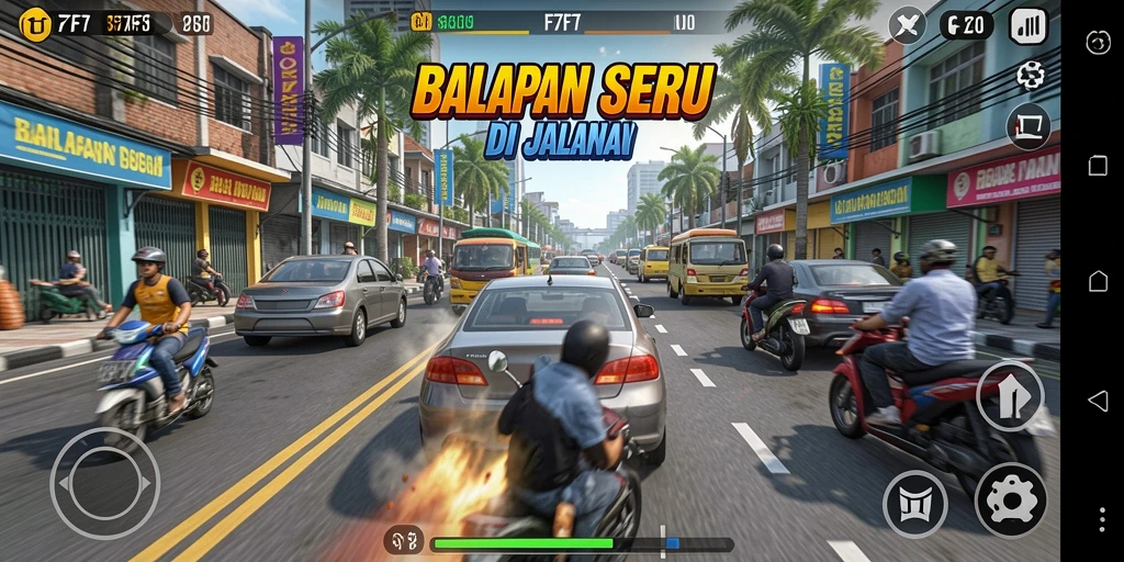 Screenshot gameplay F7F7 menampilkan balapan seru di trek yang menantang.