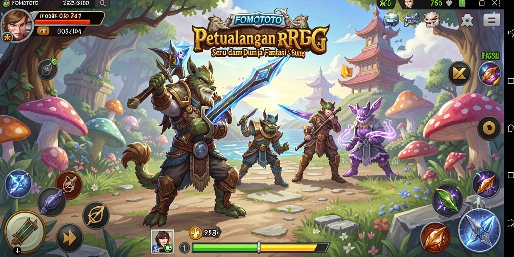 Screenshot utama FOMOTOTO menampilkan aksi pertarungan seru di dunia RPG.