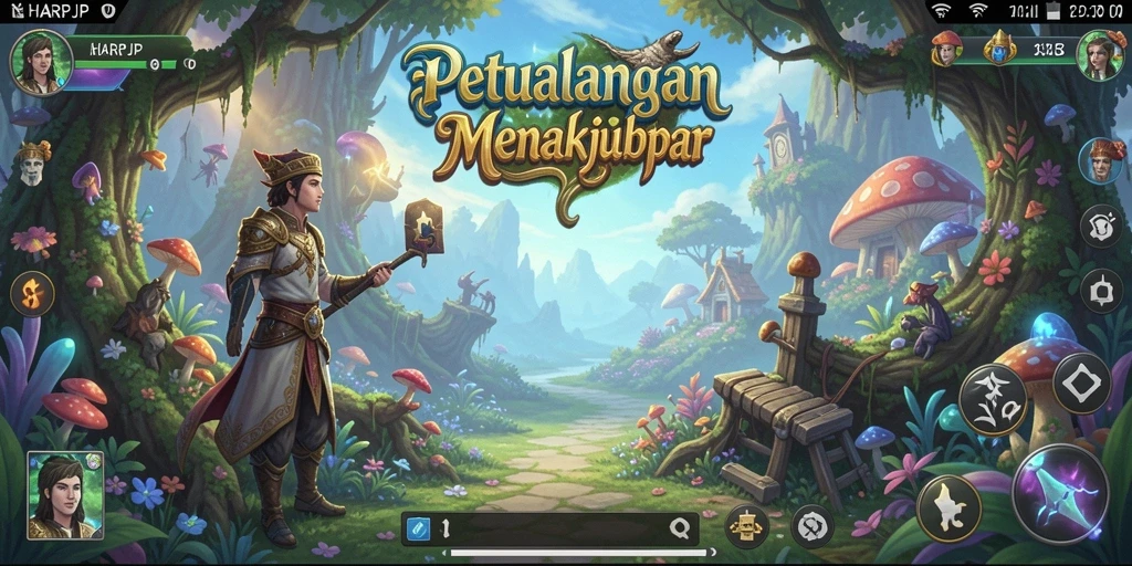 Screenshot utama HARAPJP menunjukkan karakter menjelajahi dunia petualangan yang menarik.