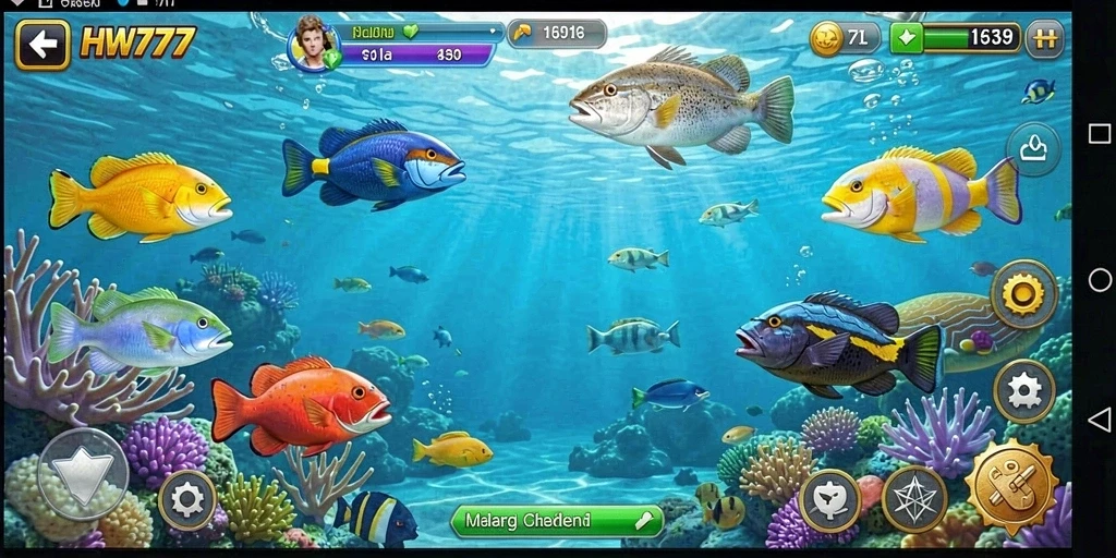 Screenshot utama HW777 menampilkan aksi tembak ikan yang seru dan menegangkan.