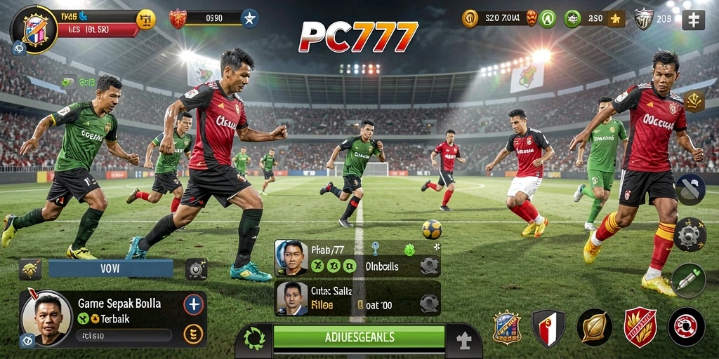 Screenshot gameplay PC777 menunjukkan pertandingan sepak bola yang intens.