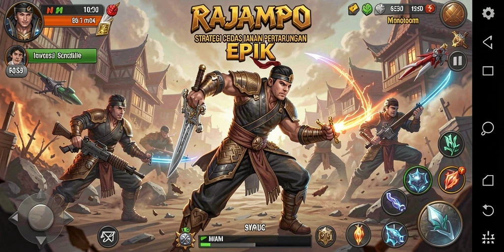 Tampilan utama gameplay <strong>RAJAMPO</strong> yang menegangkan, menampilkan strategi pertempuran.