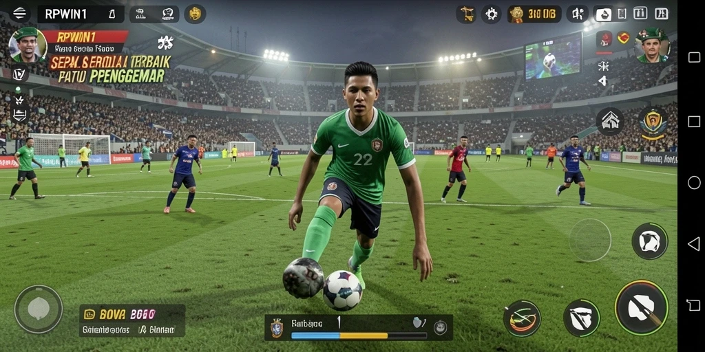 Screenshot utama RPWIN1 menampilkan aksi bermain sepak bola yang seru.