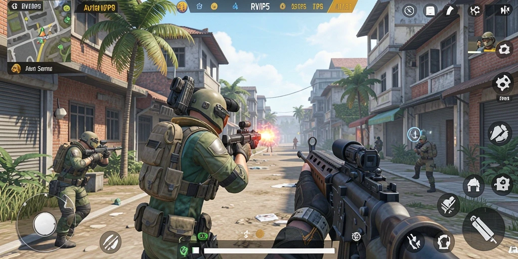 Tangkapan layar utama dari gameplay RVIP5 menunjukkan aksi tembak-menembak yang seru.