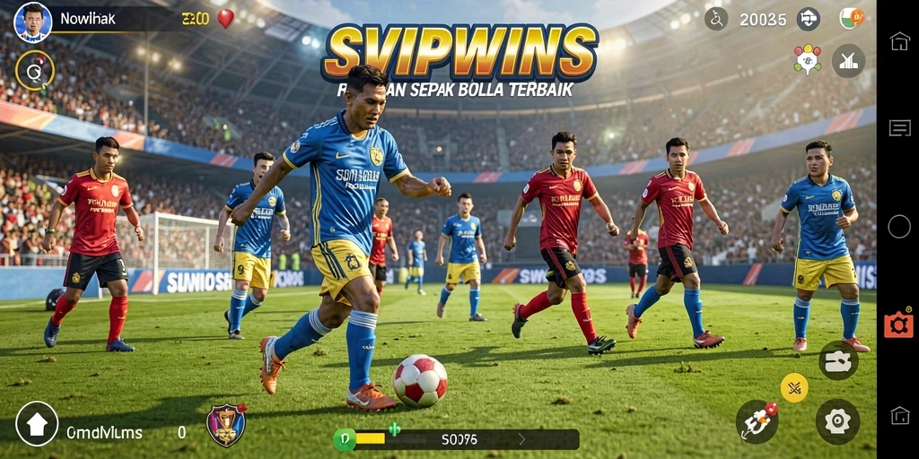 Tangkapan layar gameplay SVIPWINS dengan pertandingan sepak bola yang intens.